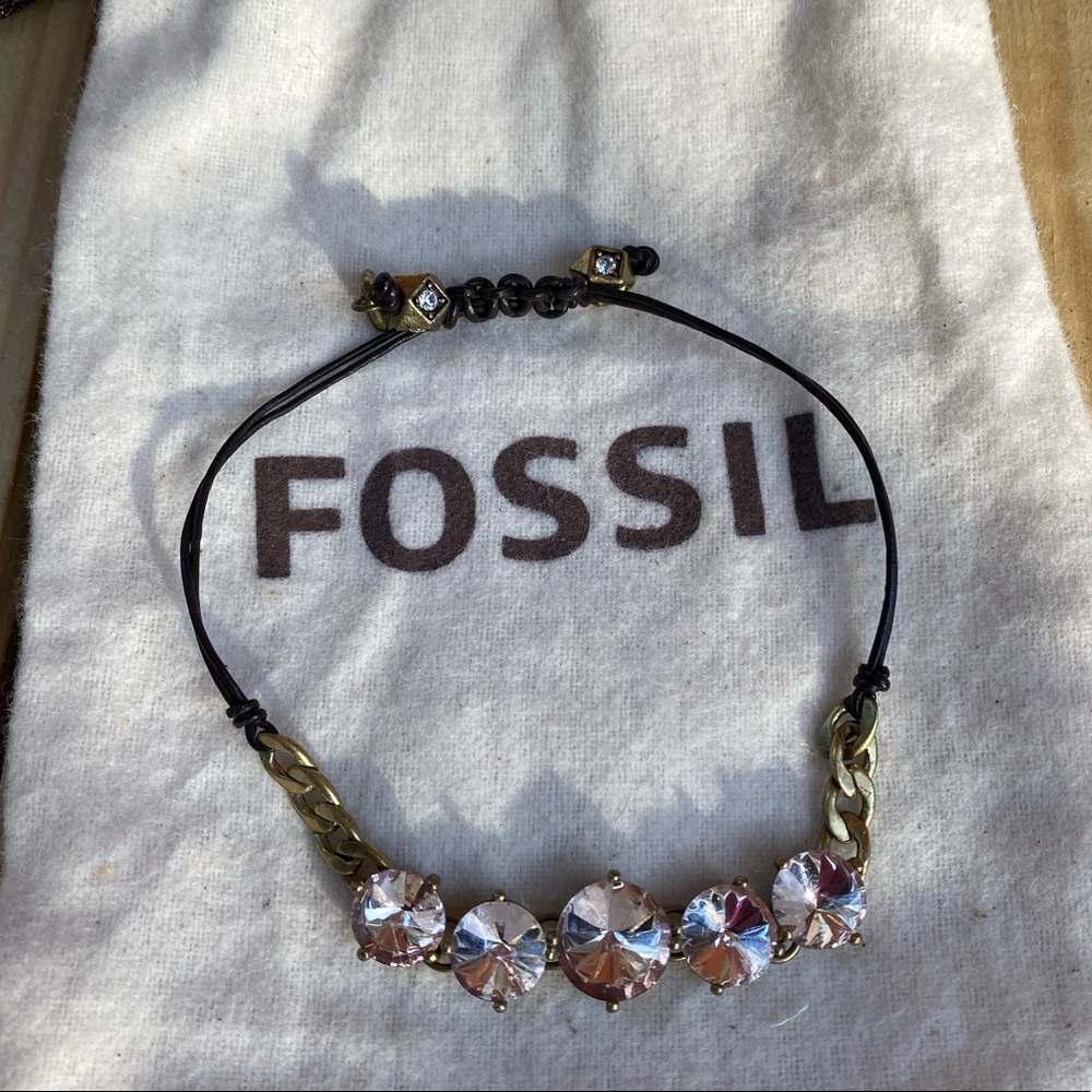 Fossil- crystal and leather adjustable bracelet